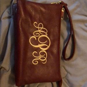 Monogrammed maroon wristlet/Crossbody
